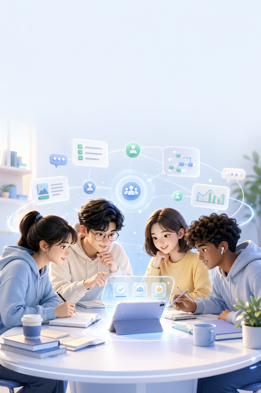 学习伙伴围绕平板协作学习的三维插画
